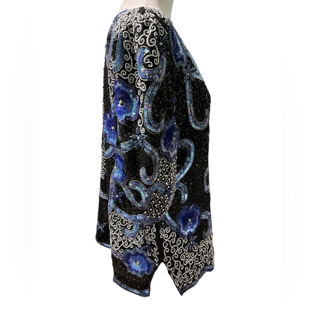 Elegant 100% pure silk Black and Blue Women's Top size M - Picture 7 of 9